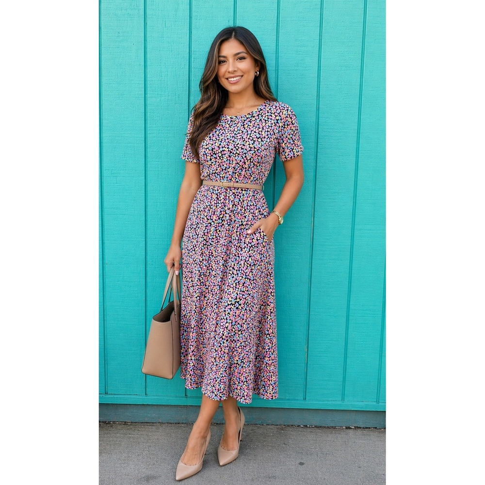 Floral Midi Dress vintage 1980s cottage core Romantic prairie‎ Artsy